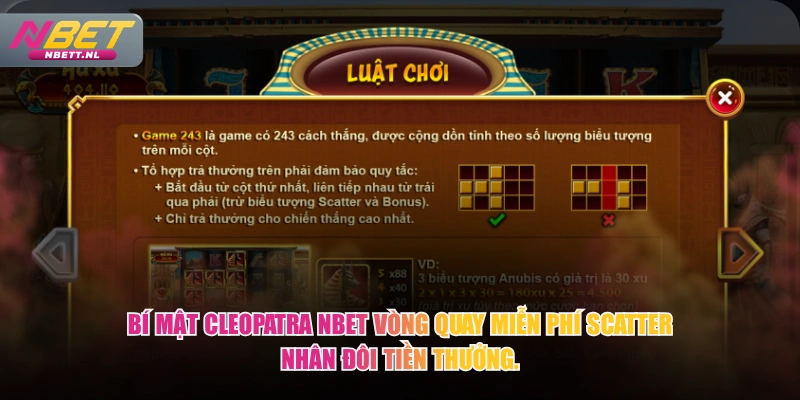 Bí Mật Cleopatra NBET vòng quay miễn phí Scatter nhân đôi tiền thưởng.