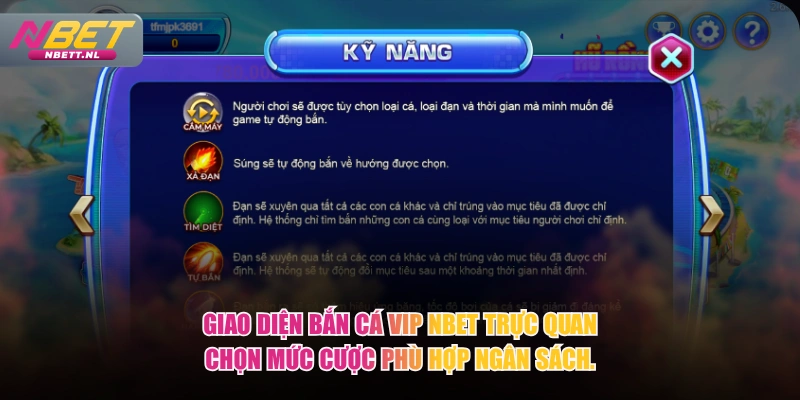 Giao diện Bắn Cá VIP NBET trực quan chọn mức cược phù hợp ngân sách.