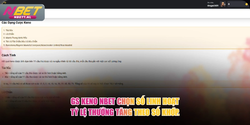 GS Keno NBET chọn số linh hoạt tỷ lệ thưởng tăng theo số khớp.