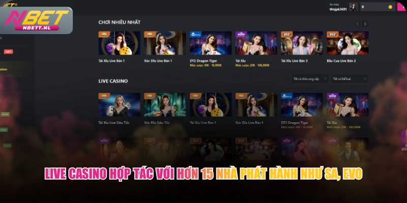 Live Casino hợp tác với hơn 15 nhà phát hành như SA, EVO
