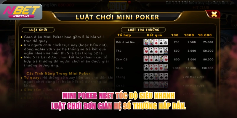 Mini Poker NBET tốc độ siêu nhanh luật chơi đơn giản hệ số thưởng hấp dẫn.